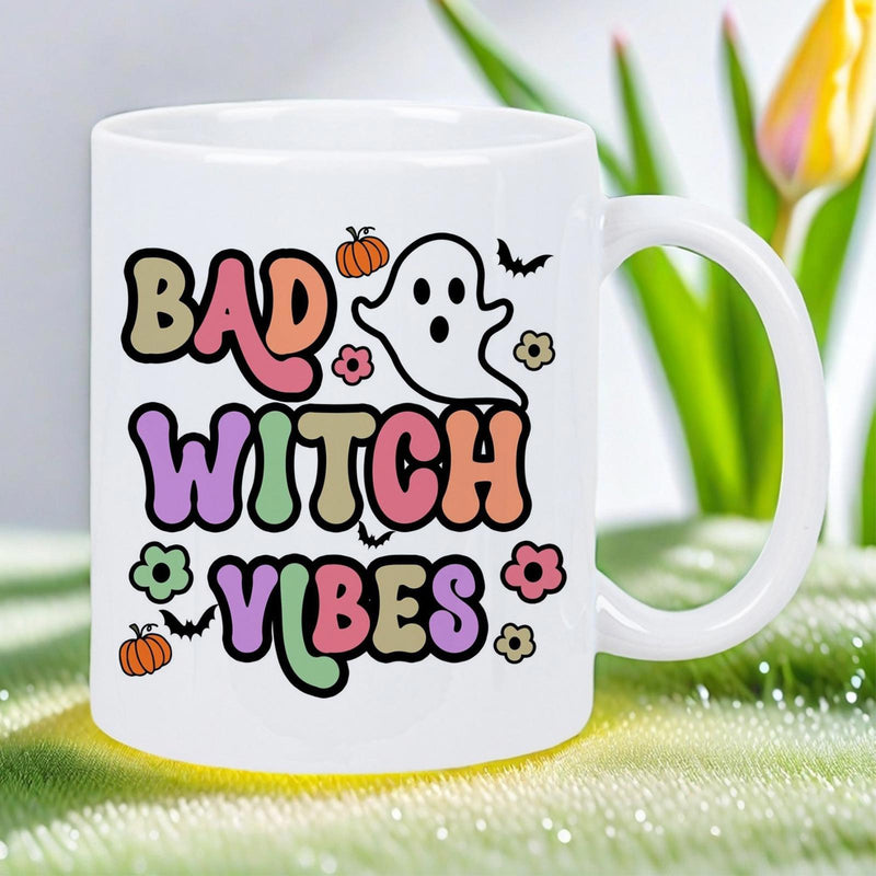 Tailorly White Ceramic 11 oz Mug - Bad Witch Vibes Cute Dancing Ghost Among Flying Bats And Vibrant Retro Floral Pumpkins Mug