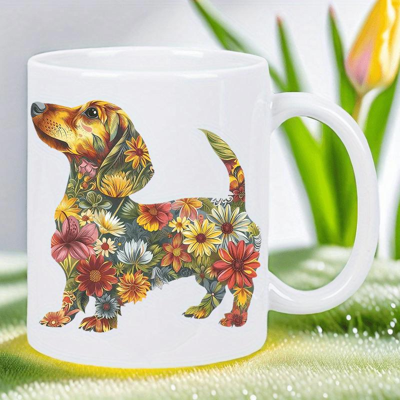 Tailorly White Ceramic 11 oz Mug - Colorful Floral Blooms Forming An Artistic Silhouette Of A Standing Dog
