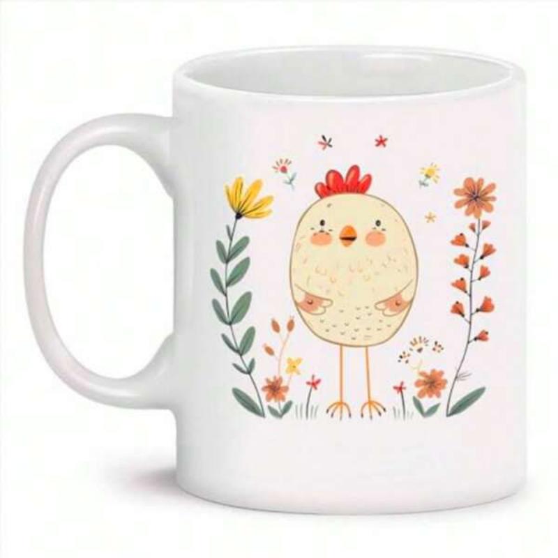 Tailorly White Ceramic 11 oz Mug - Adorable Hand Drawn Illustration Surrounded By Colorful Blooming Garden Flowers Chicken