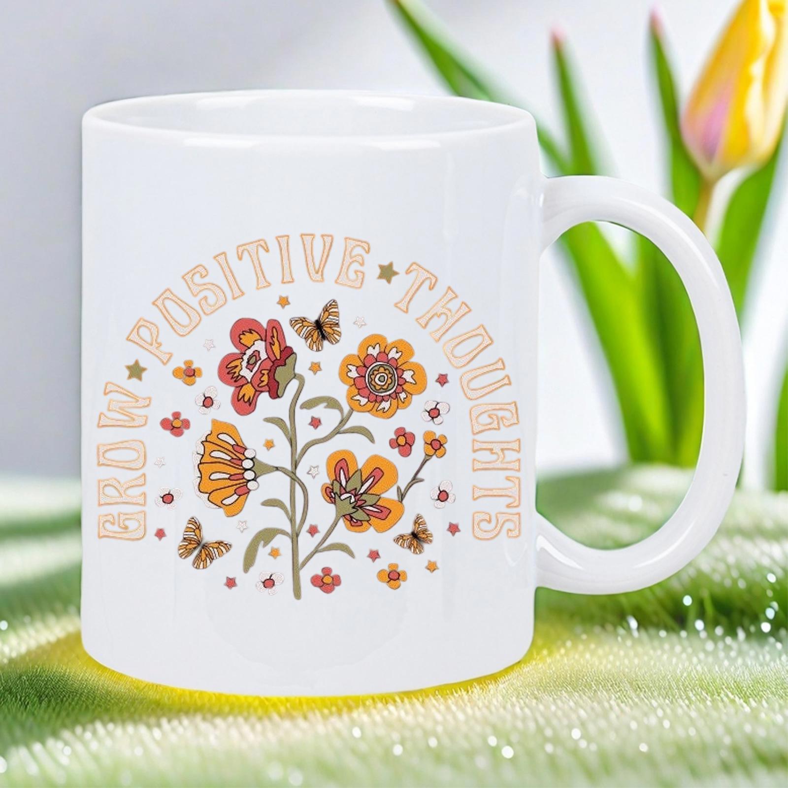 Tailorly White Ceramic 11 oz Mug - Grow Positive Thoughts Retro Blooming Garden With Small Butterflies Among Earthy Tones Flower