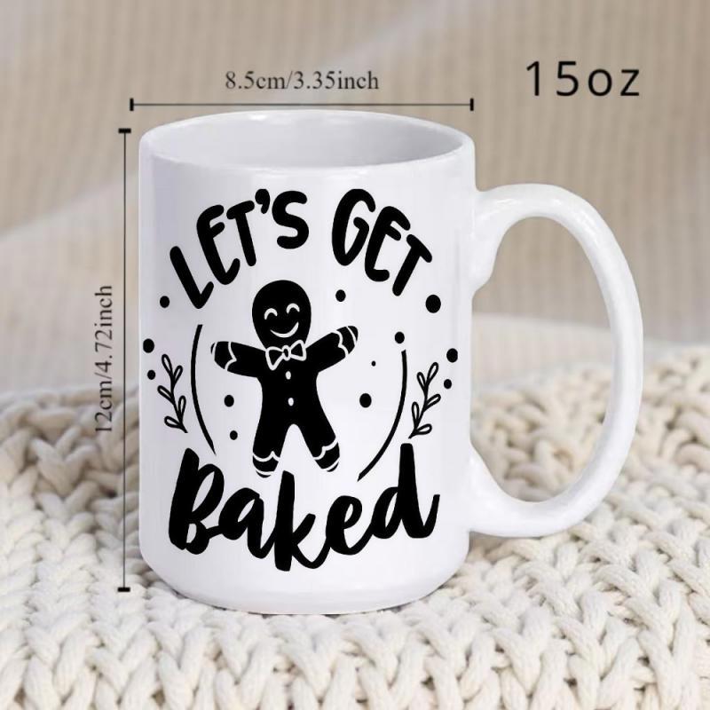 Tailorly White Ceramic 11 oz Mug - Lets Get Baked Cheerful Festive Cookie With Bow Tie Among Delicate Leaf Branches Gingerbread Man