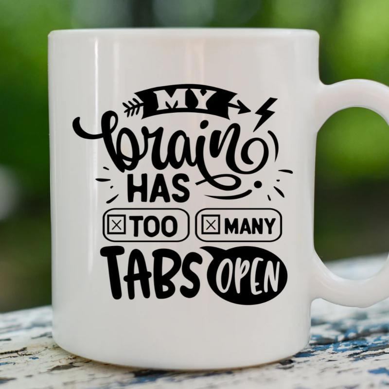 Tailorly White Ceramic 11 oz Mug - My Brain Has Too Many Tabs Open Minimalist Black Typography Featuring Lightning Bolt With Decorative Speech Bubble Mug