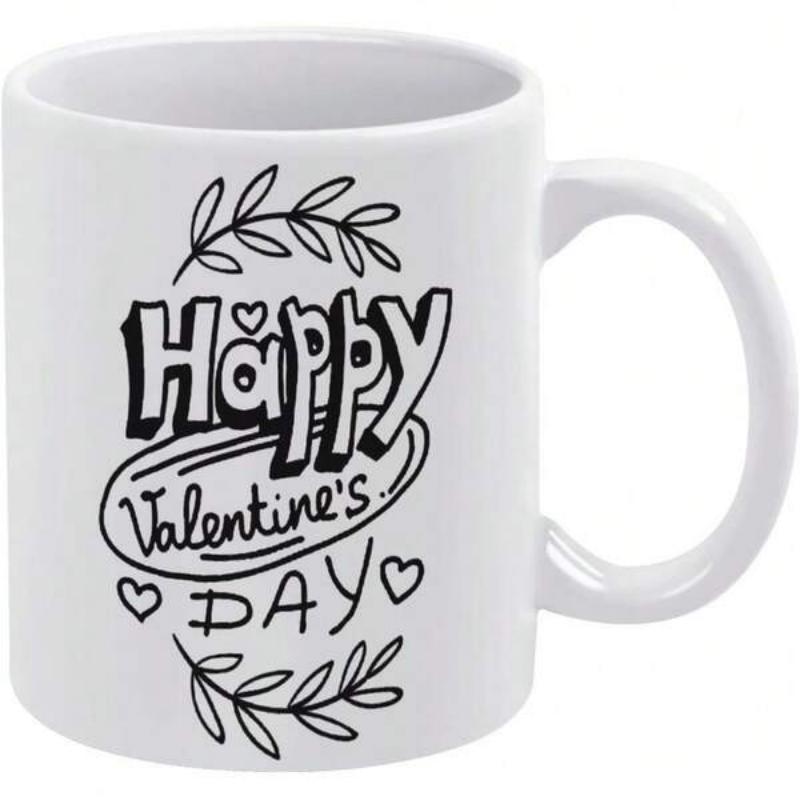 Tailorly White Ceramic 11 oz Mug - Happy Valentines Day Elegant Hand Drawn Leaves And Hearts Surrounding Romantic Holiday Lettering Mug
