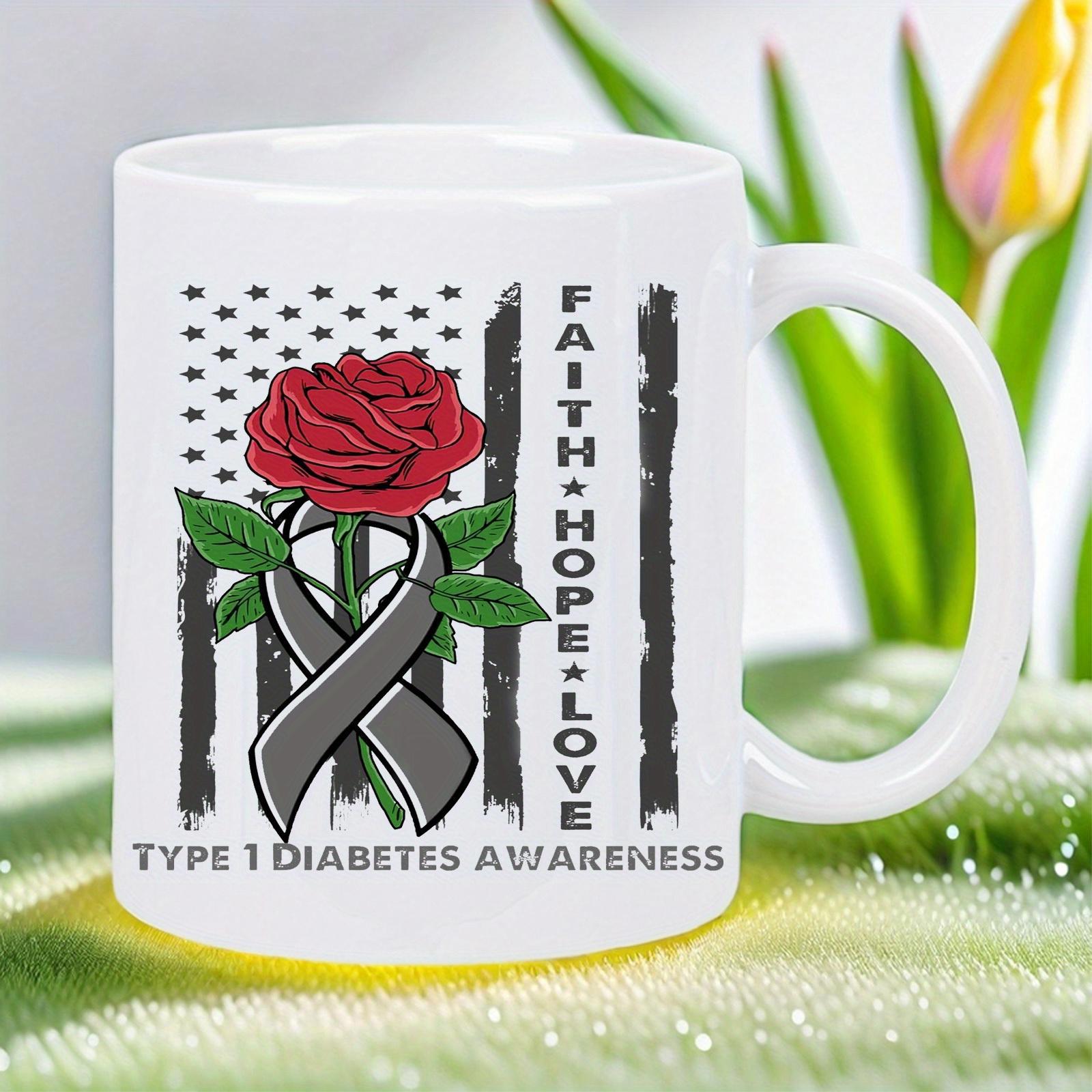 Tailorly White Ceramic 11 oz Mug - Faith Hope Love Type 1 Diabetes Awareness Distressed Monochrome American Flag Background With Blooming Red Rose And Ribbon Mug