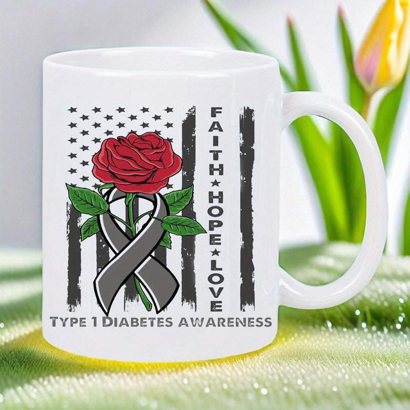 Tailorly White Ceramic 11 oz Mug - Faith Hope Love Type 1 Diabetes Awareness Distressed Monochrome American Flag Background With Blooming Red Rose And Ribbon Mug