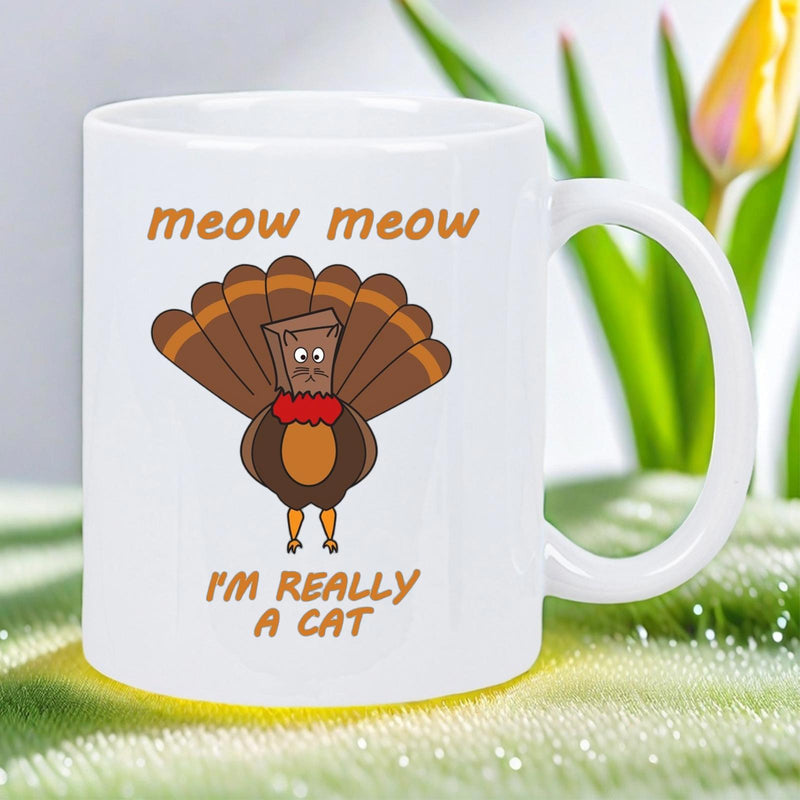 Tailorly White Ceramic 11 oz Mug - Meow Meow Im Really A Cat Humorous Cartoon Illustration Of A Bird With Brown Tail Feathers Turkey