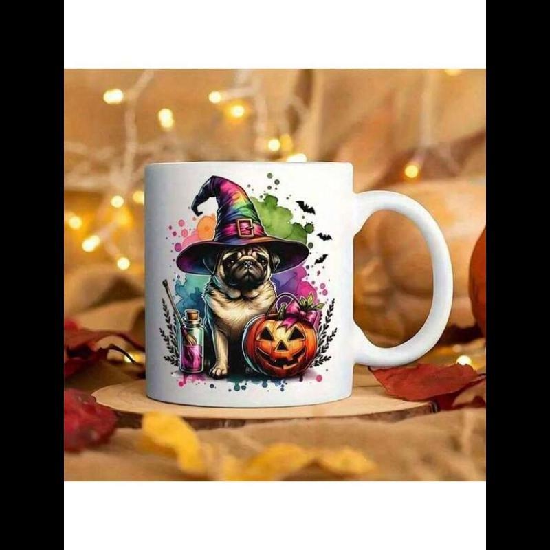 Tailorly White Ceramic 11 oz Mug - Vibrant Watercolor Halloween Dog Wearing Colorful Wizard Hat Beside Carved Pumpkin Pug