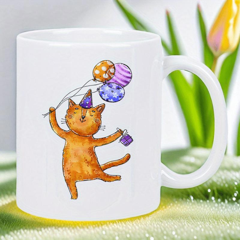 Tailorly White Ceramic 11 oz Mug - Playful Watercolor Orange Tabby Holding Colorful Balloons And Wearing Party Hat Cat
