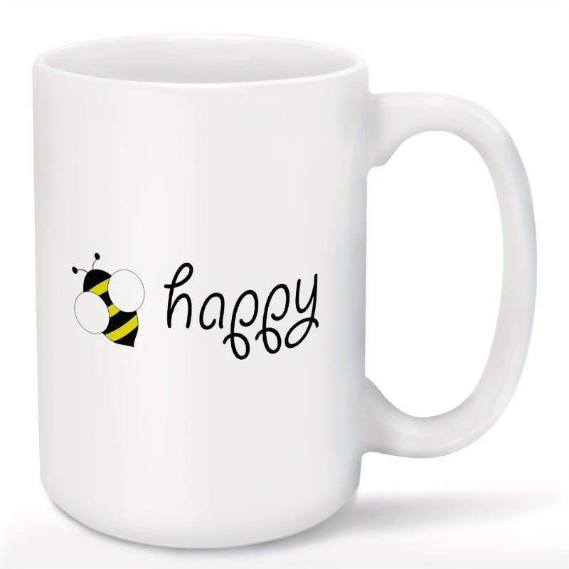 Tailorly White Ceramic 11 oz Mug - Happy Small Yellow Striped Insect Flying With Translucent Circular Wings Bee
