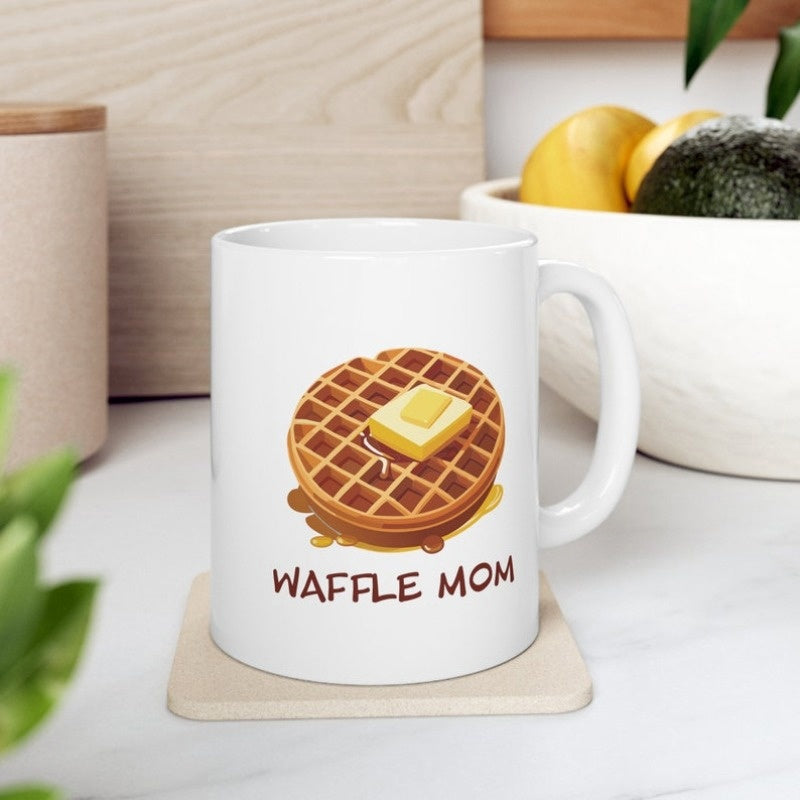 Tailorly White Ceramic 11 oz Mug - Waffle Mom Golden Toasted Breakfast Food Featuring A Melting Cube Of Butter Waffle