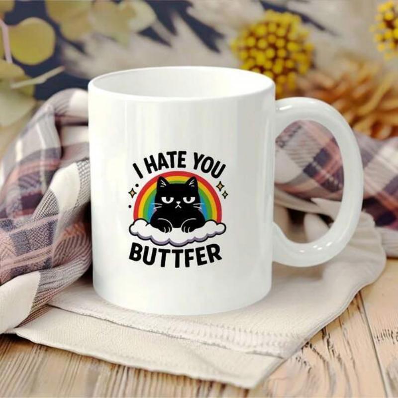 Tailorly White Ceramic 11 oz Mug - I Hate You Buttfer Grumpy Black Cat Sitting On White Cloud Under Vibrant Rainbow Cat