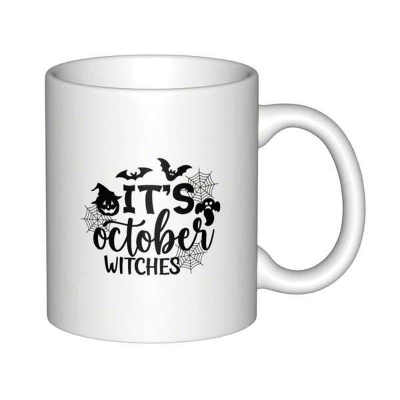 Tailorly White Ceramic 11 oz Mug - Its October Witches Spooky Halloween Elements Featuring Bats And Spider Webs Around A Cute Pumpkin