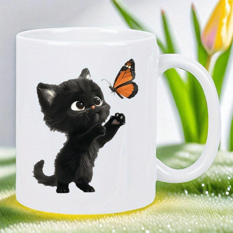 Tailorly White Ceramic 11 oz Mug - Adorable Fluffy Black Feline Reaching For Orange Flying Butterfly Kitten