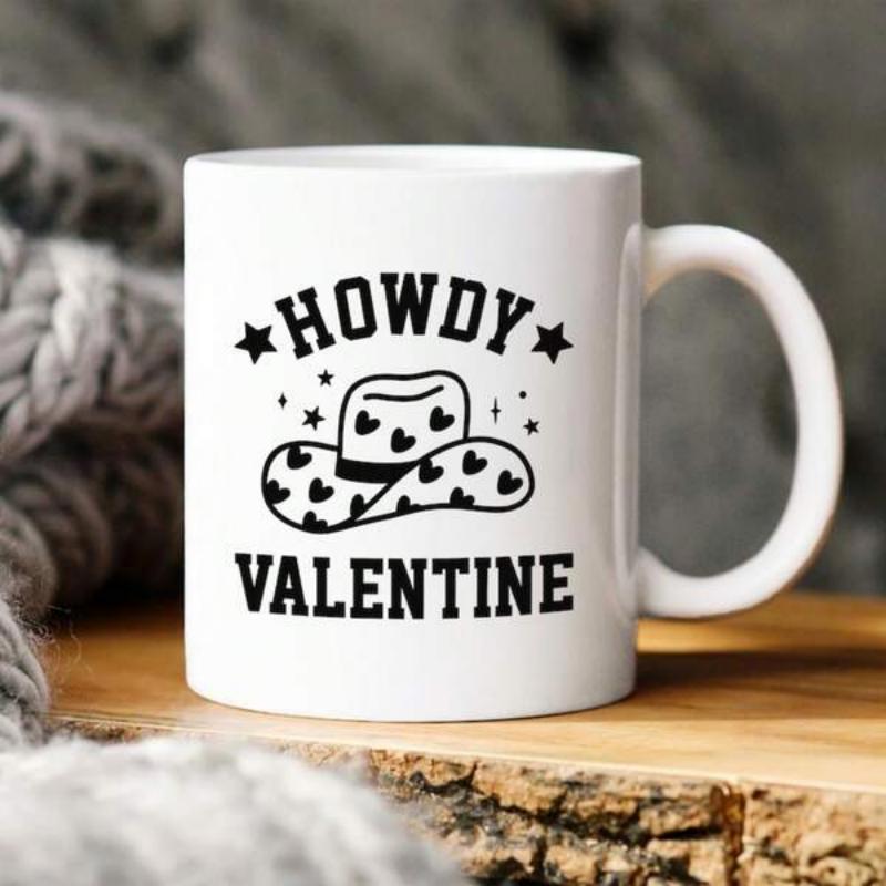 Tailorly White Ceramic 11 oz Mug - Howdy Valentine Western Style Cowboy Hat Decorated With Small Hearts And Twinkling Stars Cowboy Hat