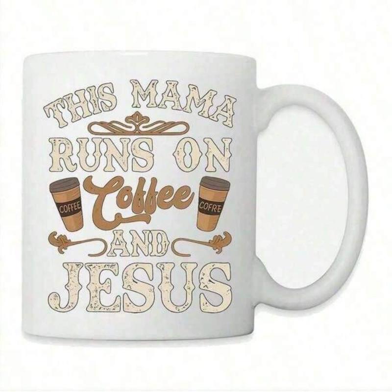Tailorly White Ceramic 11 oz Mug - This Mama Runs On Coffee And Jesus Vintage Styled Typography With Coffee Cups And Elegant Decorative Swirl Elements Mug