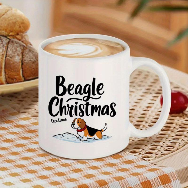 Tailorly White Ceramic 11 oz Mug - Beagle Christmas Adorable Small Tri Color Dog Standing On Cold Winter Snow Beagle