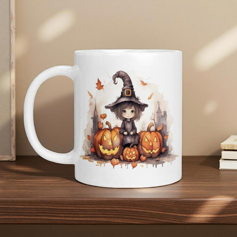 Tailorly White Ceramic 11 oz Mug - Cute Little Girl Wearing Pointed Hat Sitting Among Carved Halloween Pumpkins Witch
