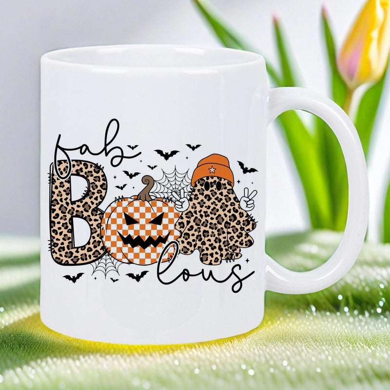 Tailorly White Ceramic 11 oz Mug - Fab Boo Lous Festive Halloween Leopard Print Pattern With Checkered Pumpkin And Flying Bats Ghost