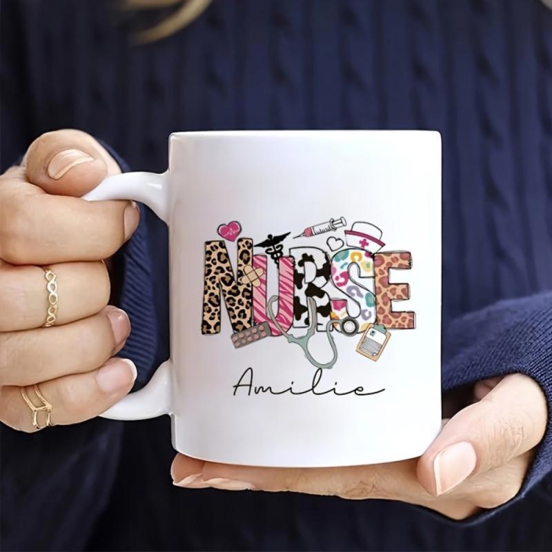 Tailorly White Ceramic 11 oz Mug - Nurse Amilie Patterned Block Letters Featuring Stethoscope And Medical Equipment Nurse