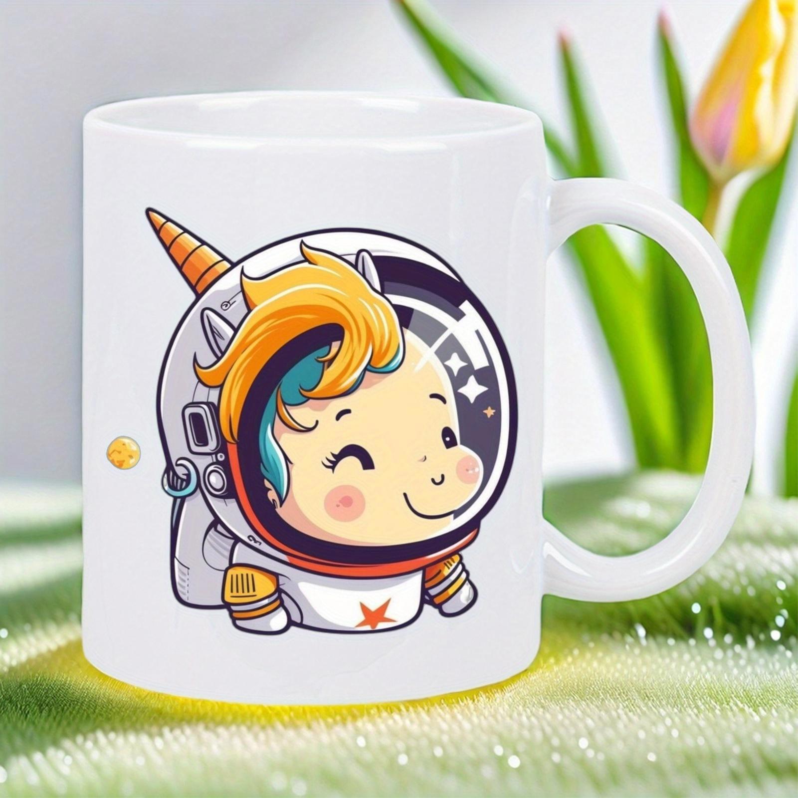 Tailorly White Ceramic 11 oz Mug - Cute Astronaut Suit Floating With Golden Horn And Star Detail Unicorn