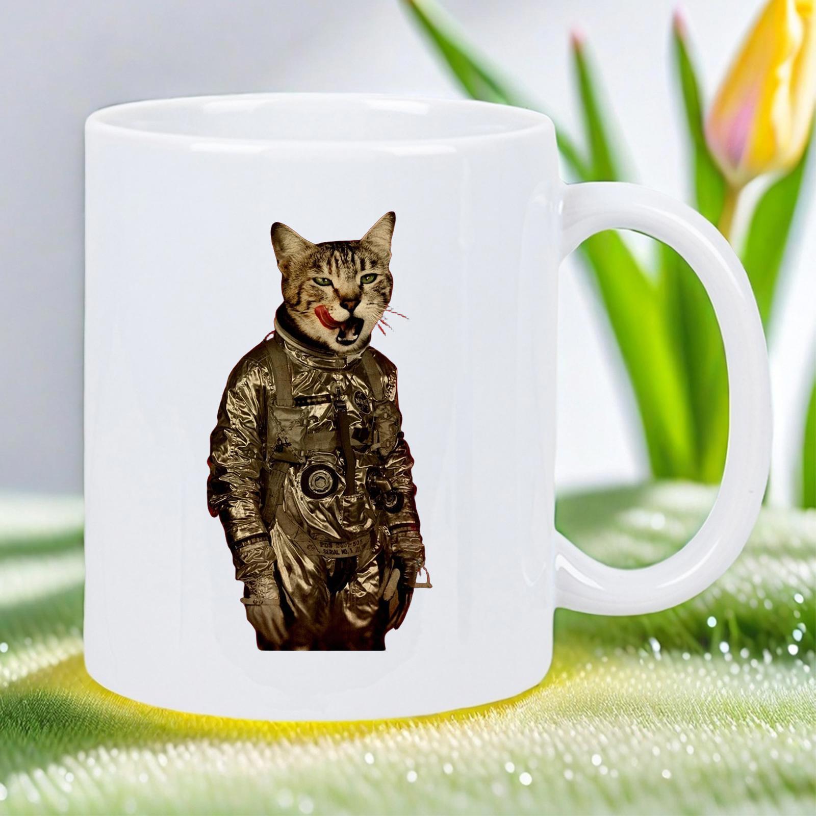 Tailorly White Ceramic 11 oz Mug - Funny Tabby Cat Wearing Distressed Vintage Military Pilot Suit Cat