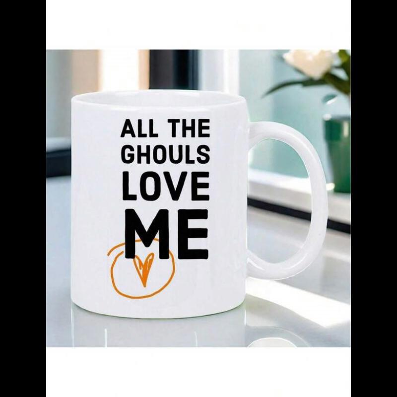 Tailorly White Ceramic 11 oz Mug - All The Ghouls Love Me Minimalist Orange Hand Drawn Heart Icon Within Sketchy Circular Frame Heart