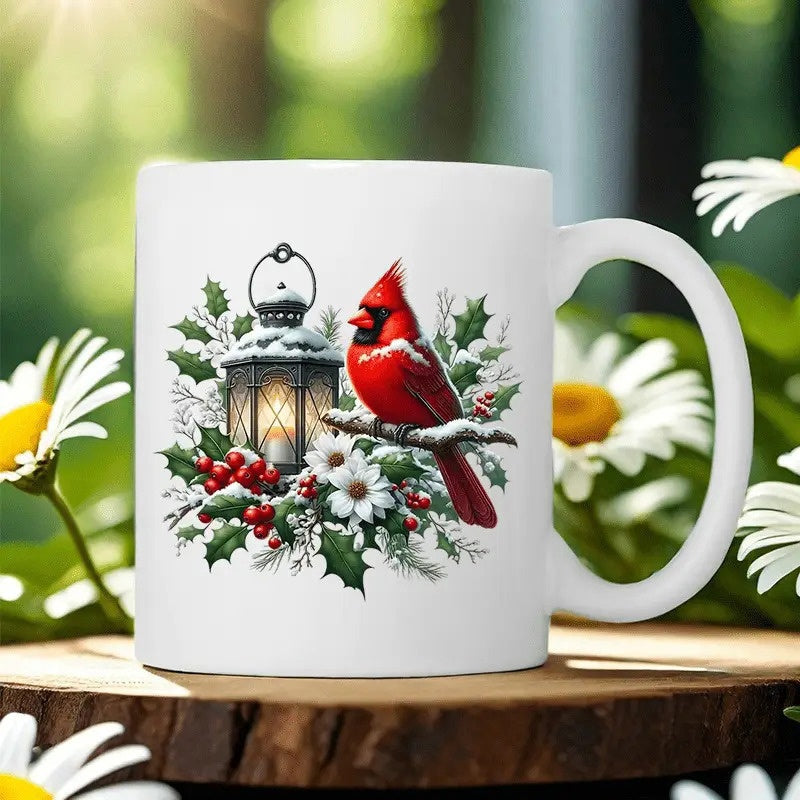 Tailorly White Ceramic 11 oz Mug - Vibrant Red Cardinal Perched Beside A Glowing Lantern Among Winter Holly Cardinal
