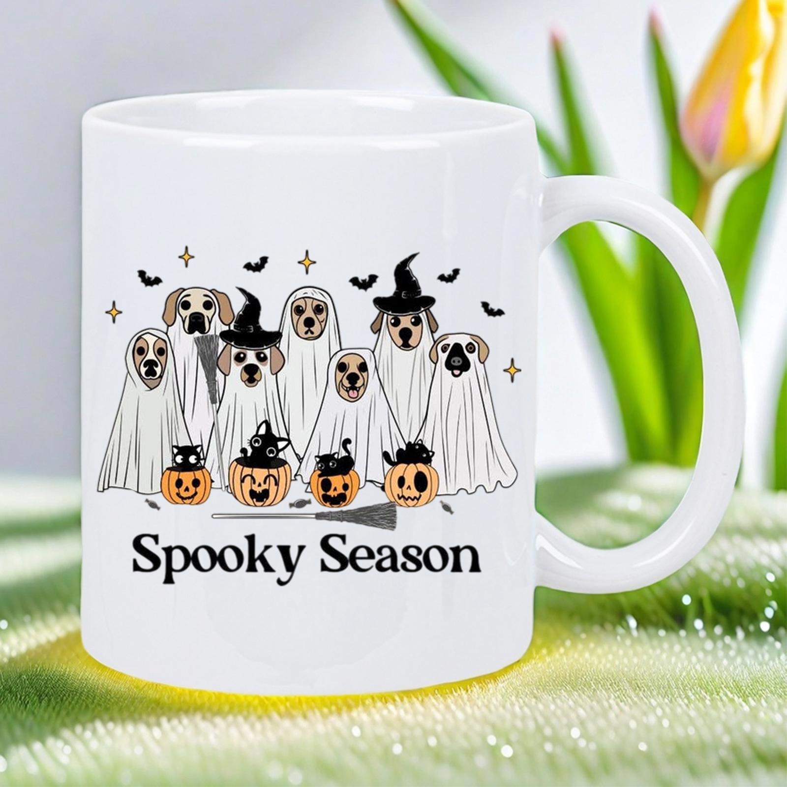 Tailorly White Ceramic 11 oz Mug - Spooky Season Dogs Dressed As Ghosts Sitting Among Carved Pumpkins And Flying Bats Dogs