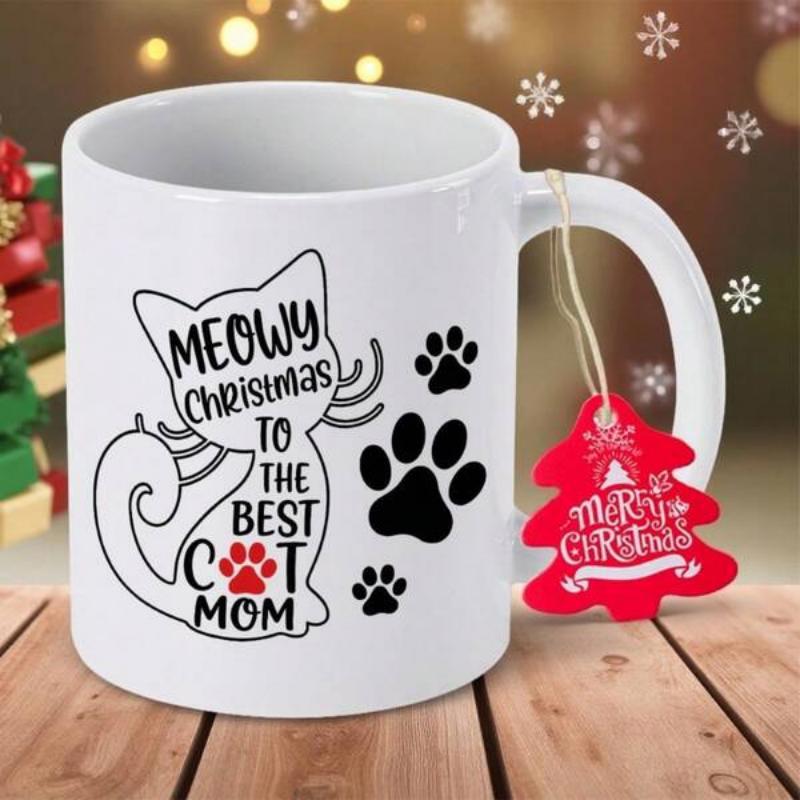 Tailorly White Ceramic 11 oz Mug - Meowy Christmas To The Best Cat Mom Adorable Stylized Feline Silhouette With Playful Tiny Paw Prints Festive Cat