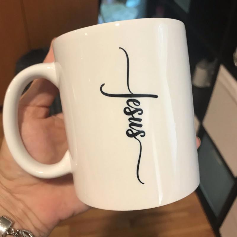 Tailorly White Ceramic 11 oz Mug - Jesus Minimalist Script Design Forming A Sacred Religious Christian Faith Symbol Cross