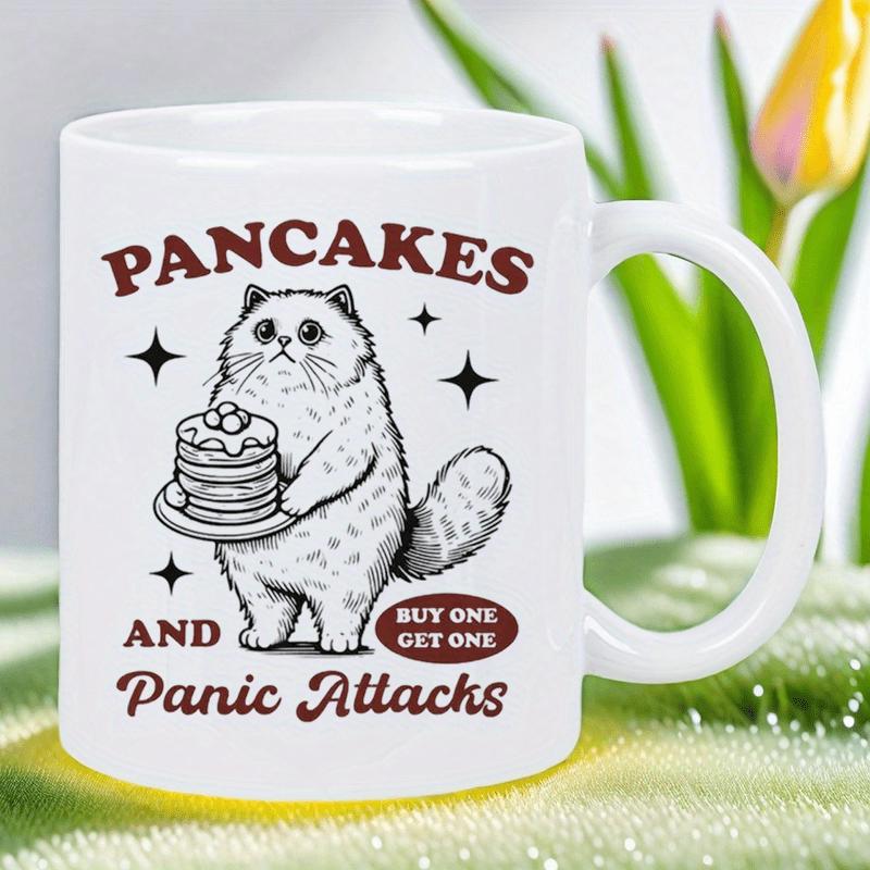 Tailorly White Ceramic 11 oz Mug - Pancakes And Panic Attacks Buy One Get One Fluffy White Feline Holding A Plate Of Delicious Stacked Pancakes Cat