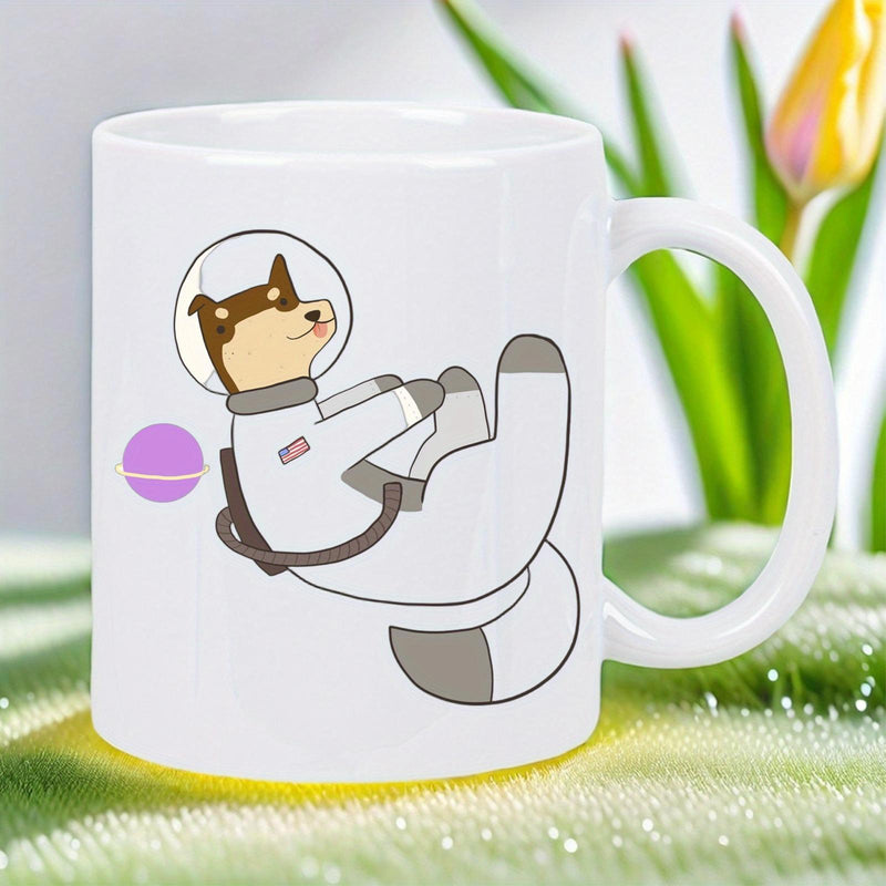Tailorly White Ceramic 11 oz Mug - Shiba Inu Dog Floating Peacefully In White Spacesuit Near Purple Planet Astronaut