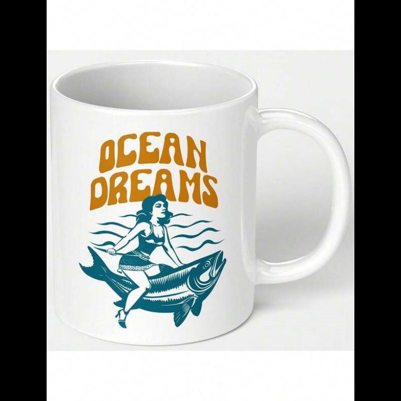 Tailorly White Ceramic 11 oz Mug - Ocean Dreams Vintage Pin Up Woman Riding Large Fish Above Stylized Ocean Waves Fish