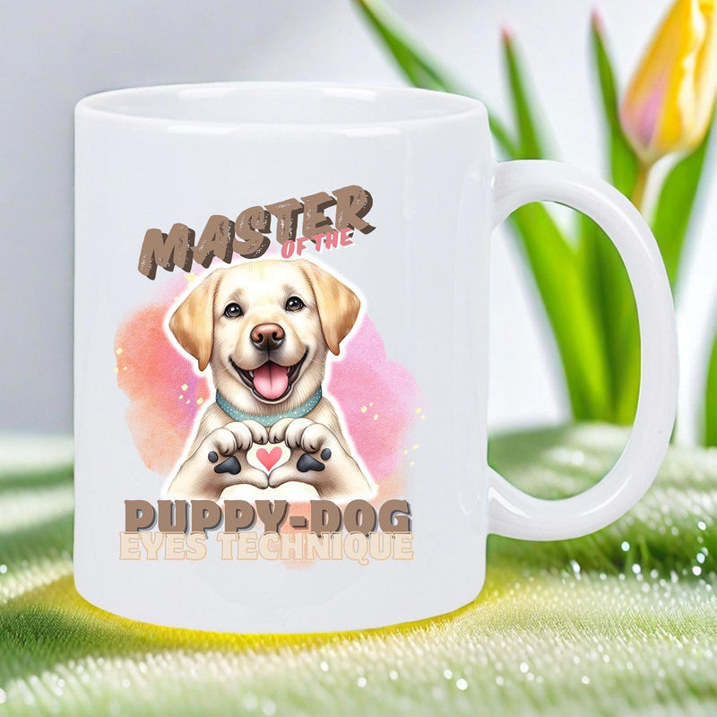 Tailorly White Ceramic 11 oz Mug - Master Puppy Dog Eyes Adorable Labrador Puppy Forming Heart Shape With Paws In Pink Watercolor Dog