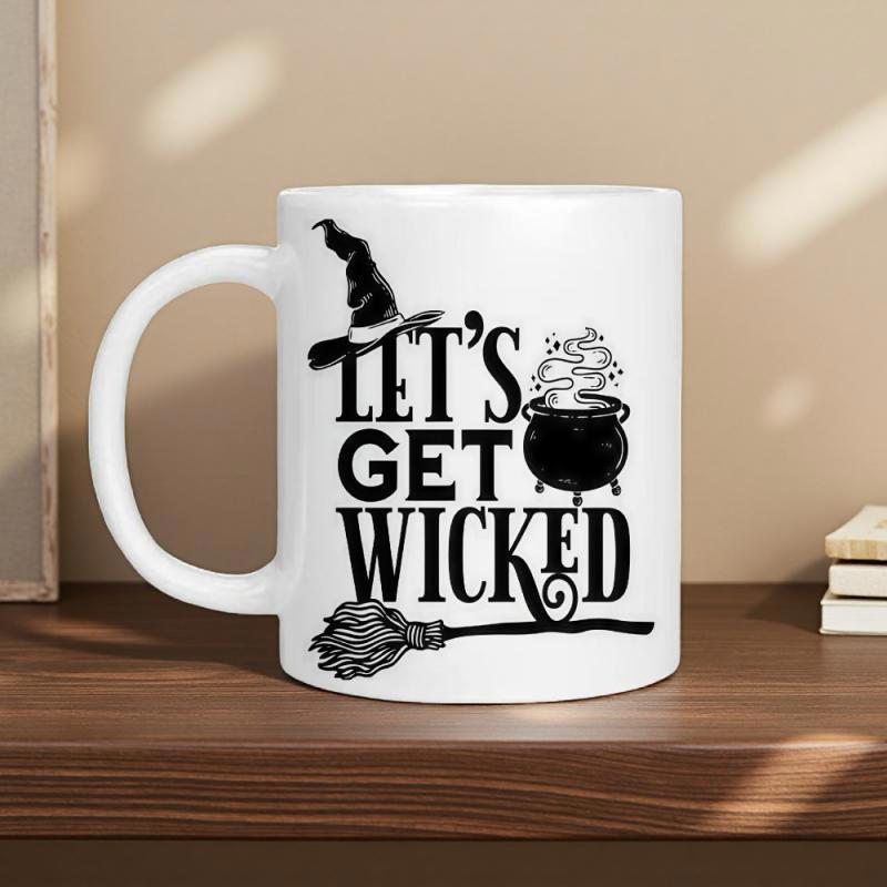 Tailorly White Ceramic 11 oz Mug - Lets Get Wicked Spooky Halloween Theme Featuring Hat Cauldron And Wooden Magic Broomstick Mug