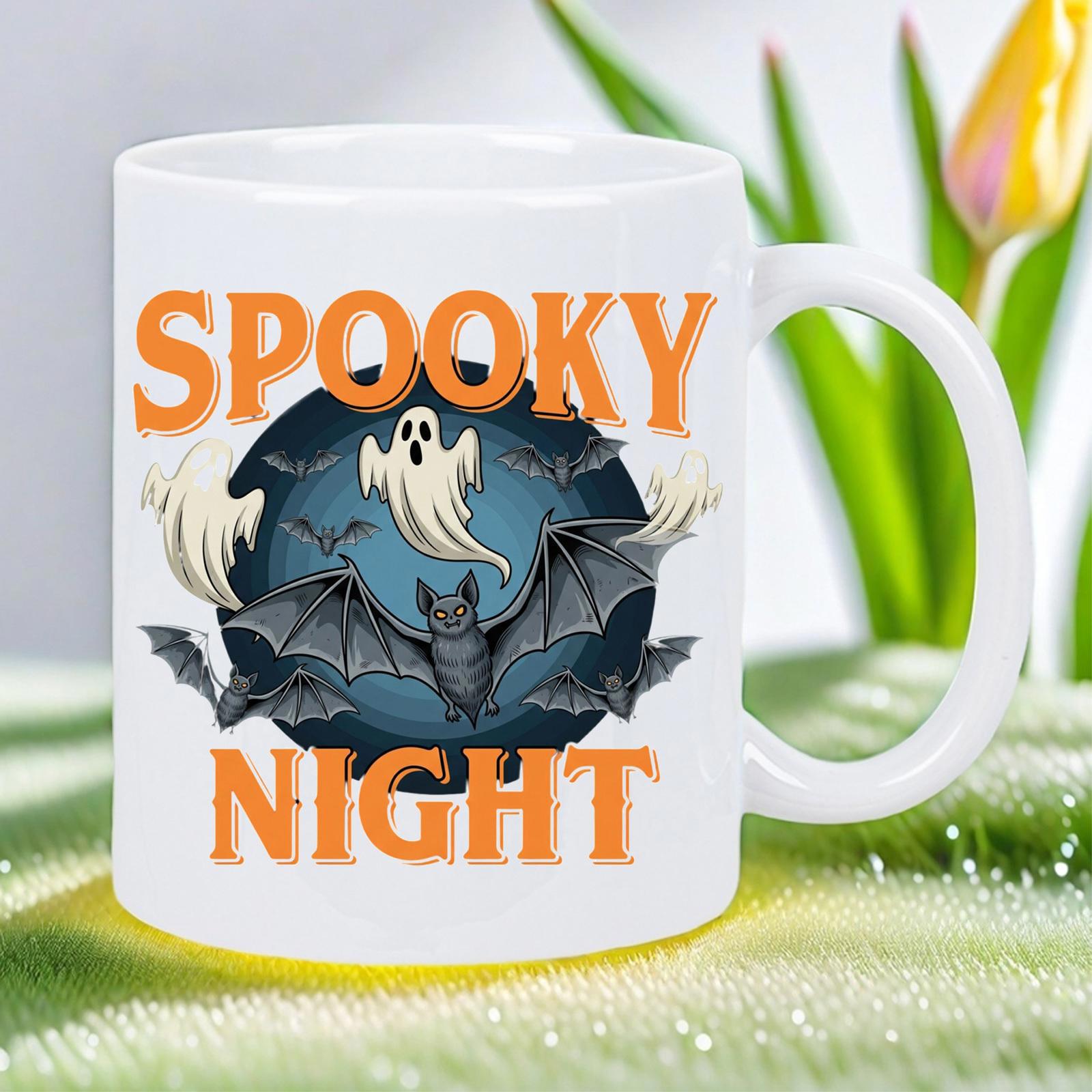 Tailorly White Ceramic 11 oz Mug - Spooky Night Moonlight Halloween Scene With Floating Ghost And Flying Winged Bat