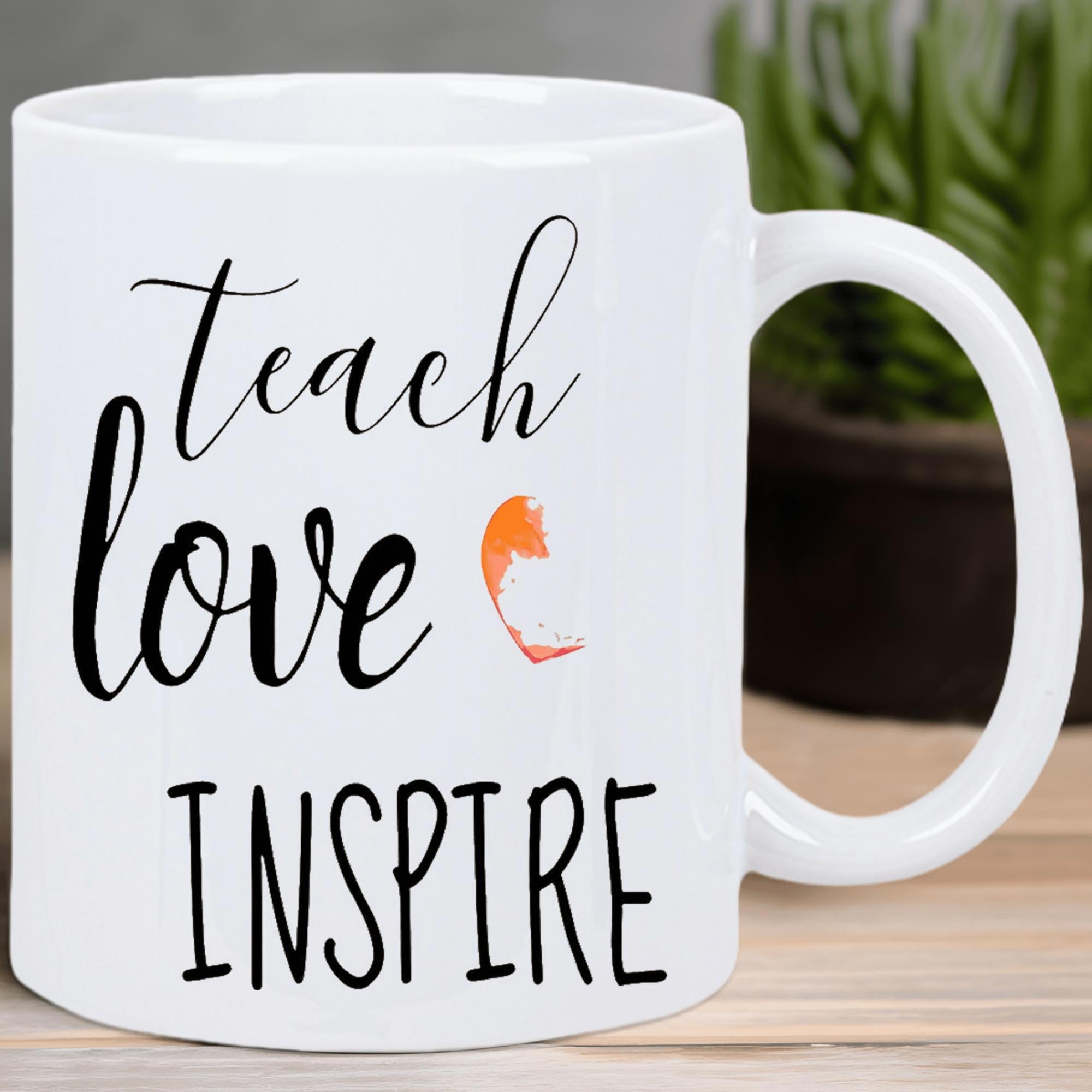Tailorly White Ceramic 11 oz Mug - Teach Love Inspire Minimalist Orange Graphic Design Featuring A Small Heart Cutout Apple