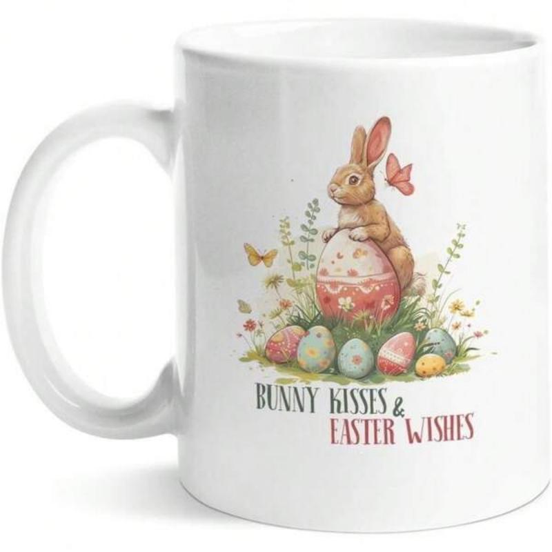 Tailorly White Ceramic 11 oz Mug - Bunny Kisses Easter Wishes Adorable Brown Watercolor Style Sitting On Large Decorated Egg Among Bunny