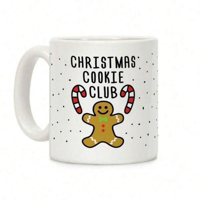 Tailorly White Ceramic 11 oz Mug - Christmas Cookie Club Festive Smiling Character Between Striped Candy Canes With Snowy Accents Gingerbread Man