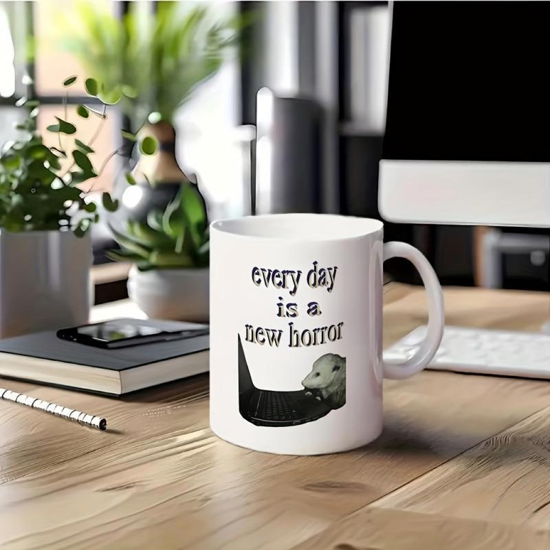 Tailorly White Ceramic 11 oz Mug - Every Day Is A New Horror Whimsical Small Animal Peeking From Dark Pouch Under Soft Lighting Opossum