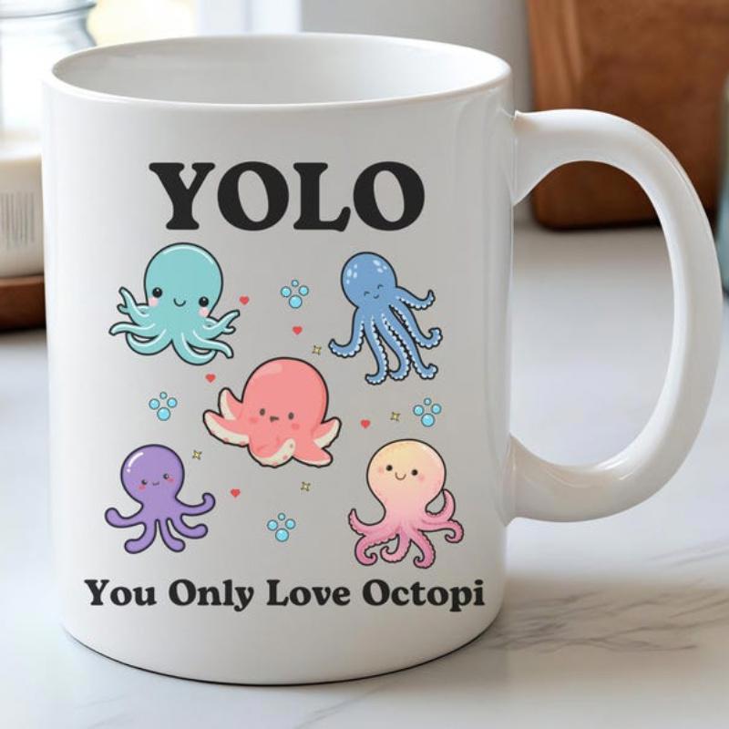 Tailorly White Ceramic 11 oz Mug - Yolo You Only Love Octopi Multiple Colorful Tiny Cartoon Sea Creatures Floating In Clean Space Octopus