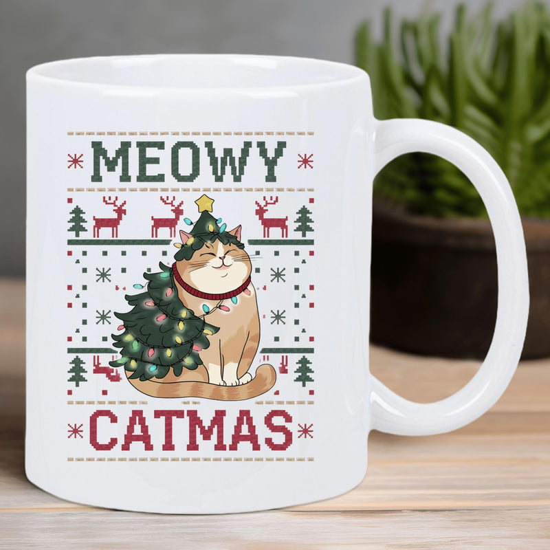 Tailorly White Ceramic 11 oz Mug - Meowy Catmas Festive Ginger Kitty Wearing A Christmas Tree Among Reindeer And Snowflakes Cat