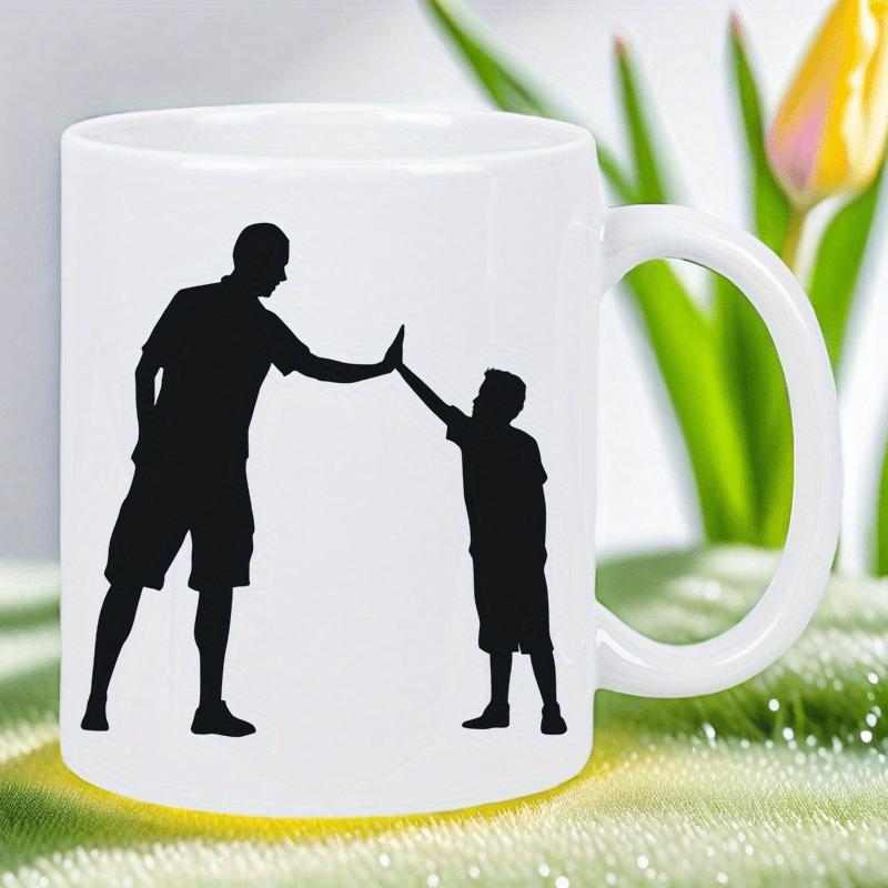 Tailorly White Ceramic 11 oz Mug - Heartwarming Moment Between A Father And Son High Five Black Silhouette