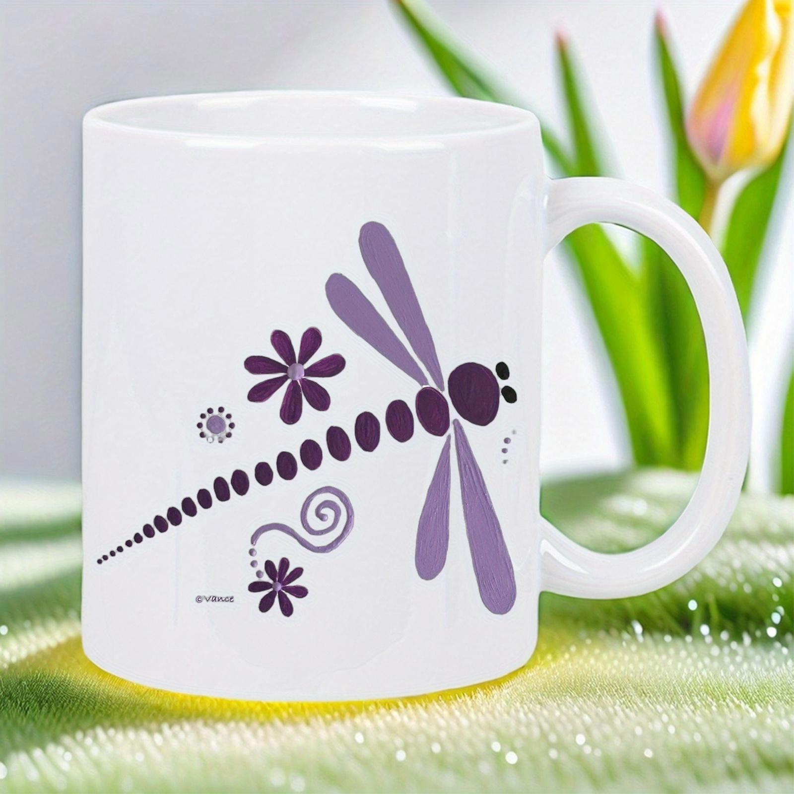 Tailorly White Ceramic 11 oz Mug - Minimalist Purple Pattern Featuring Dotted Body And Elegant Winged Dragonfly