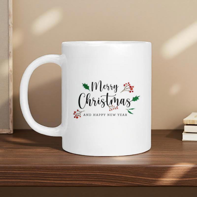 Tailorly White Ceramic 11 oz Mug - Merry Christmas And Happy New Year Festive Holiday Foliage With Red Berries And Green Leaves