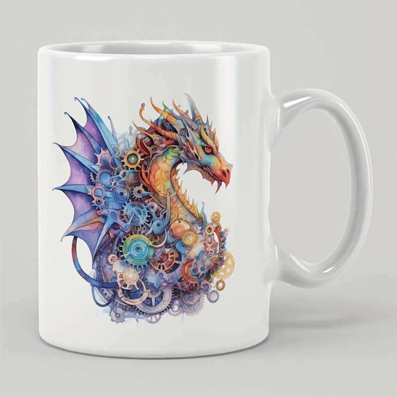Tailorly White Ceramic 11 oz Mug - Intricately Detailed Steampunk Clockwork Mechanical Mythical Creature With Vibrant Colorful Wings Dragon