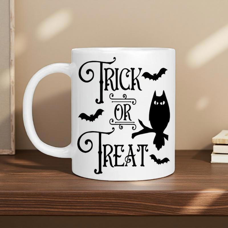 Tailorly White Ceramic 11 oz Mug - Trick Or Treat Spooky Halloween Atmosphere With Flying Bats And A Perched Silhouette Owl