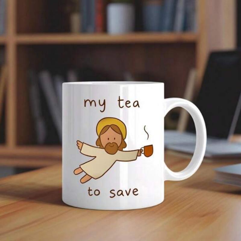 Tailorly White Ceramic 11 oz Mug - My Tea To Save Cartoon Figure With Halo Holding Steaming Cup Flying In Air Jesus