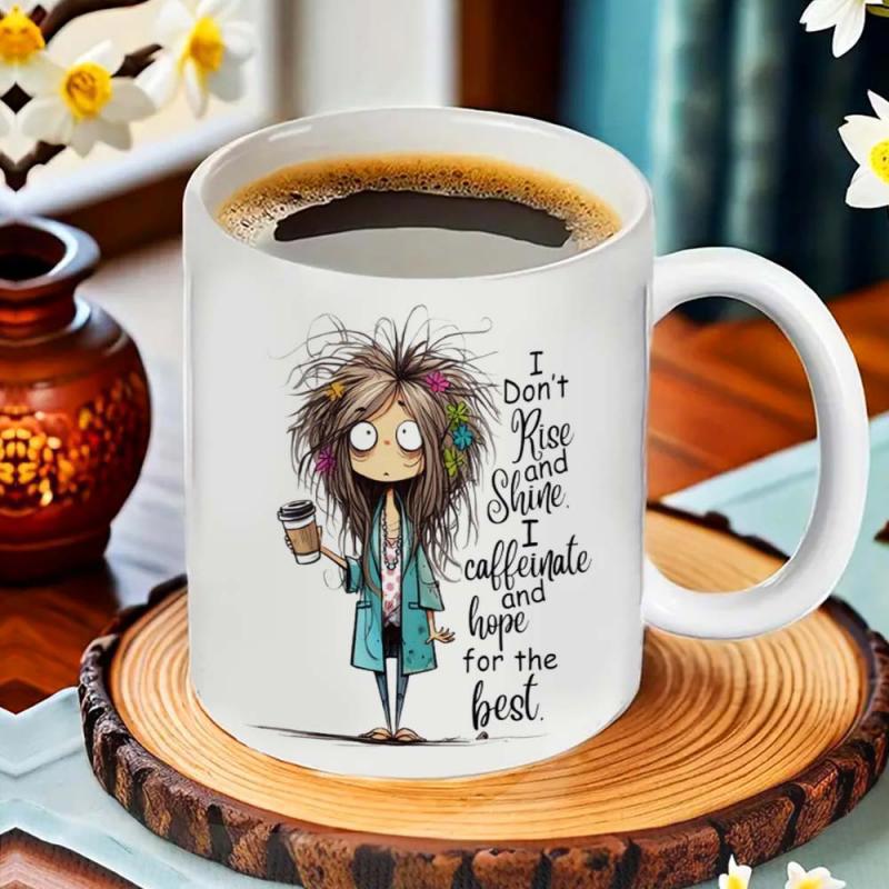 Tailorly White Ceramic 11 oz Mug - I Don't Rise And Shine I Caffeinate And Hope For The Best Quirky Messy Haired Character Holding Small Coffee Cup With Wide Eyes