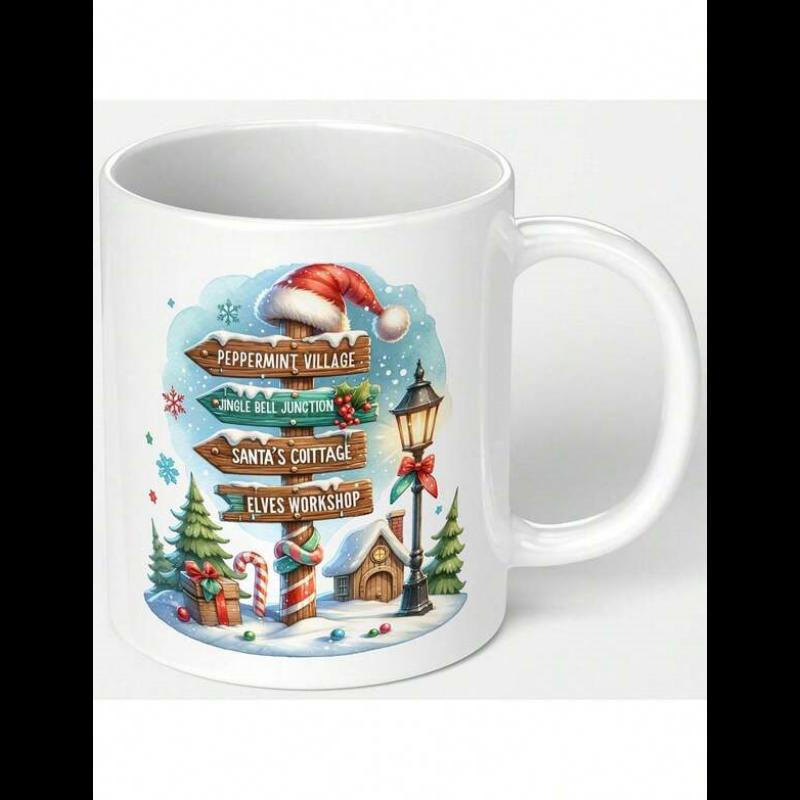 Tailorly White Ceramic 11 oz Mug - Peppermint Village Hot Cocoa Station Santas Cottage Elves Workshop Snowy Winter Scene Featuring Festive Pine Trees And Glowing